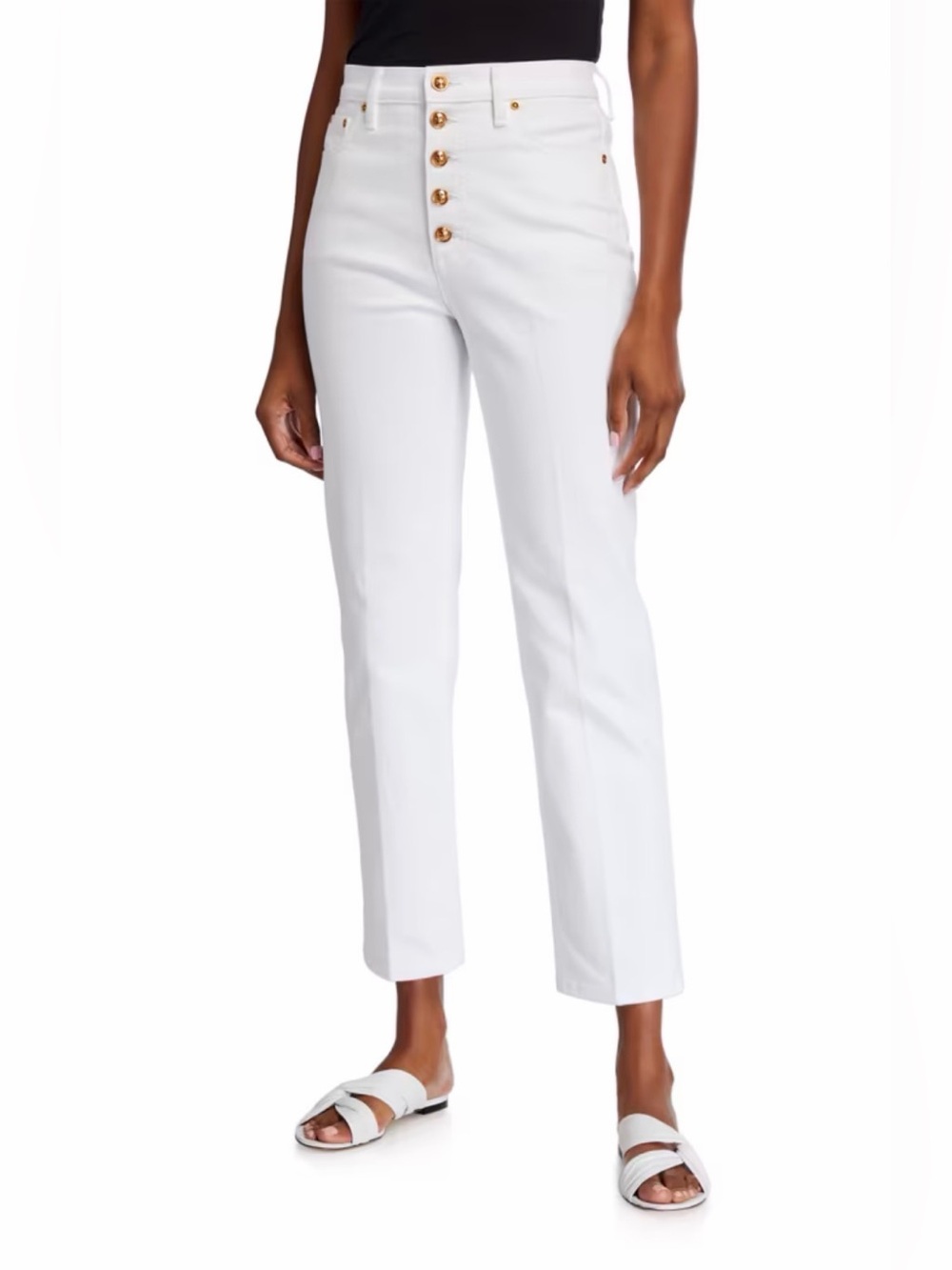Tory Burch White High-Rise Button-Front Cropped Pants gold hardware